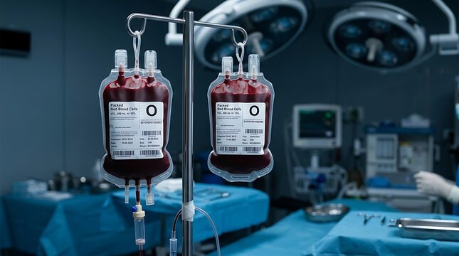 Medical blood transfusion bags hanging in operating theatre during surgery with transfusion hospital emergency operating procedure medicine