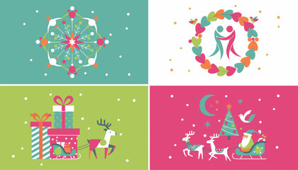 Fototapeta premium Christmas greeting card collection with four festive seasonal designs featuring Santa deer and gifts.