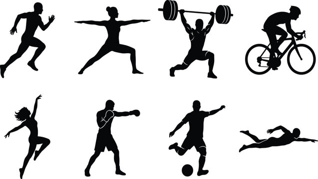 Collection of athletes and sports black silhouettes vector icons featuring running yoga weightlifting cycling dancing boxing soccer and swimming isolated on a white backgroundPrint