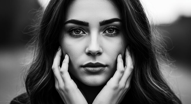 Captivating black and white close-up portrait of a thoughtful young Caucasian woman