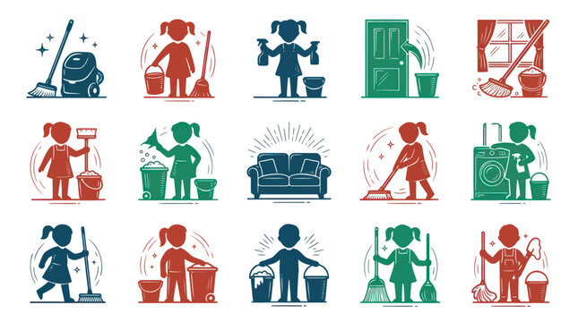 Kids Cleaning Activities Glyph Icons Set: Children Doing Housework with Mop, Broom, Bucket in Silhouette Style