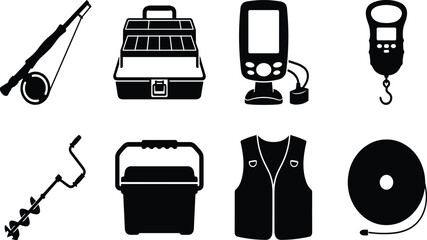 Fishing equipment and gear icons set featuring tackle box rod fish finder scale ice auger and vest silhouettes in image_572b21.pngWeb © Ershad