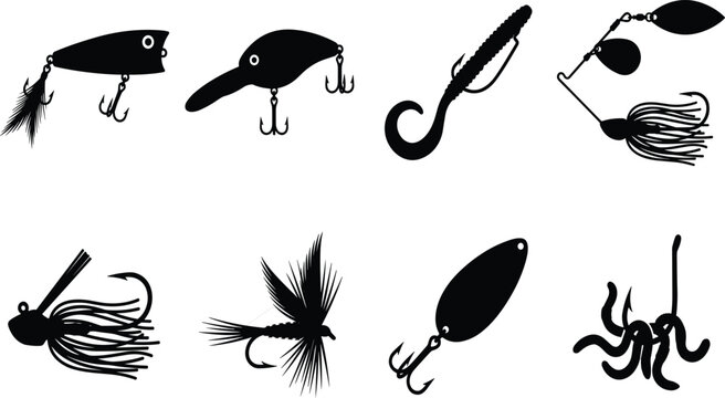 Fishing lures and bait silhouettes set featuring crankbait popper fly fishing artificial worm spinnerbait spinner and jig iconsWeb