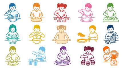 Obraz premium Kids Cooking and Baking Food Preparation Activities Vector Line Art with Flat Colors Set