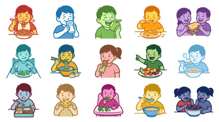 Obraz premium Happy Cartoon Children Eating Healthy Meals and Snacks. Flat Vector Illustration Set for Kids Food Nutrition.
