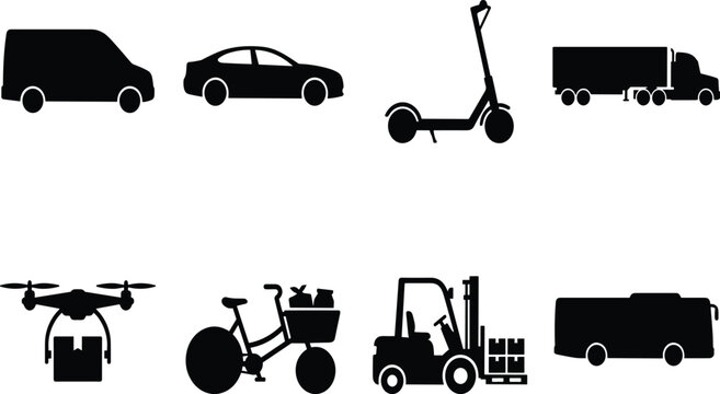Set of delivery and transportation vehicle black silhouettes including van truck drone bicycle forklift and city busPrint