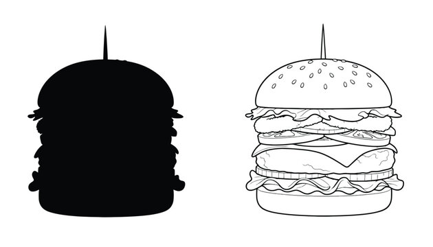 Burger with Detailed Layers and a Silhouette Burger Illustration Featuring Fast Food, Graphic, Design with Isolated and Flat Elements for Vector