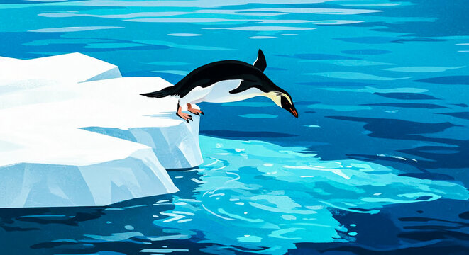 Dynamic stylized illustration of an Emperor penguin diving from an iceberg into arctic waters.