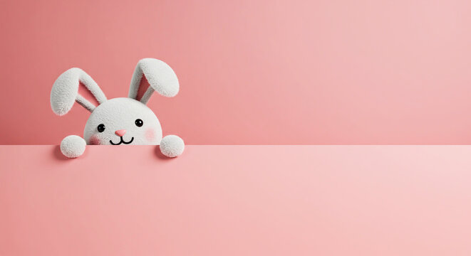 Delightful 3D fluffy white bunny peeking from light pink surface with ample copy space background