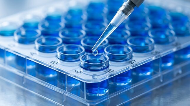 Laboratory researcher filling multiwell plate with blue reagent using precision micropipette for scientific analysis laboratory research experiment