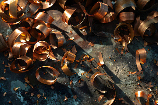 Shiny Copper Metal Shavings on Dark Industrial Background