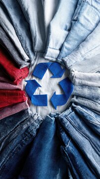 A blue recycling symbol made of fabric on denim clothes. Concept for sustainable fashion and recycling.