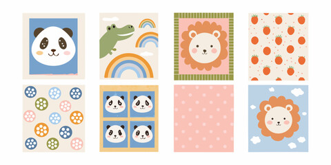 adorable pastel colored nursery wall art collection featuring panda lion frog rainbow animal illustration vector childish decor © Bijoy
