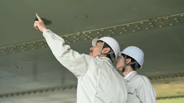橋梁点検で指差し確認を行う30代と50代の作業員