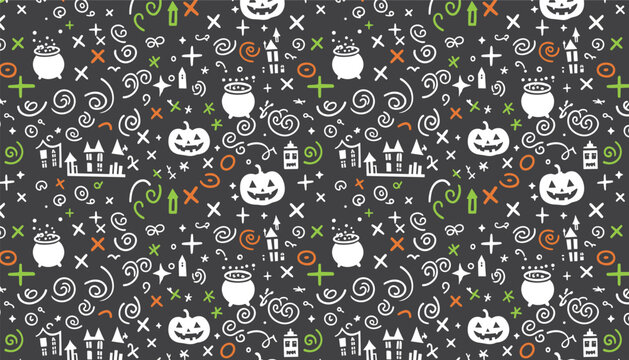 Seamless Halloween pattern background featuring white doodle pumpkins cauldrons and haunted castles on dark grey.