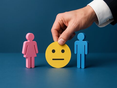Hand placing neutral emotion face between male and female figures for gender neutrality and identity concept
