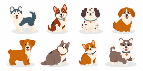 various dog breeds in cute flat vector style on white background dogs puppies husky dalmatian beagle corgi © Bijoy