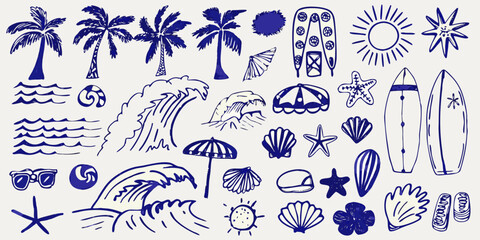 hand drawn blue summer beach doodles on white background palm tree surfboard starfish shell umbrella wave sun © Bijoy