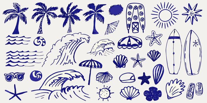 hand drawn blue summer beach doodles on white background palm tree surfboard starfish shell umbrella wave sun