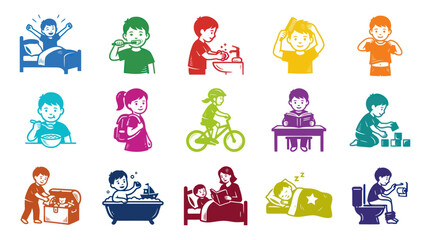 Fototapeta premium Kids Daily Routine Activities Flat Vector Icon Set for Early Childhood Education and Parenting Lifestyle