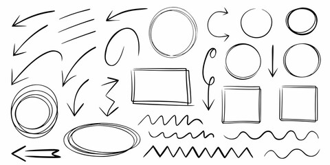 Naklejka premium hand drawn sketch elements featuring arrows circles and rectangles hand drawn illustration black white line art vector icon symbol graphic