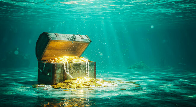 Underwater ancient treasure chest with gold coins and pearls illuminated by sun rays on the ocean