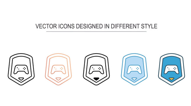 Video game controller gamepad icon inside defense shield set in various graphic design styles