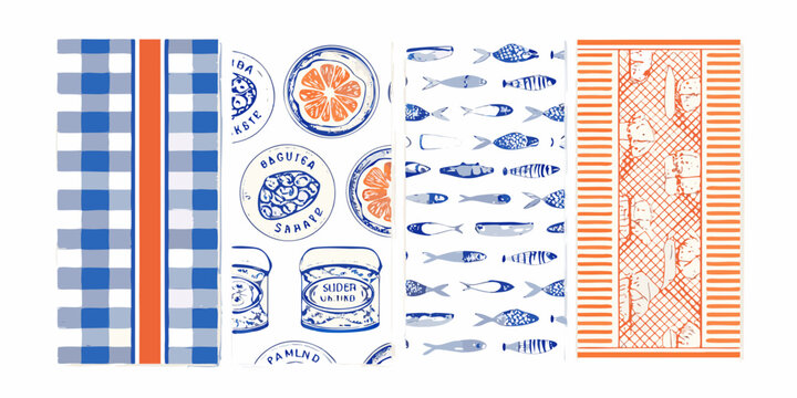 retro style sardine and seafood illustration set on white background fish canned food pattern orange blue checkered