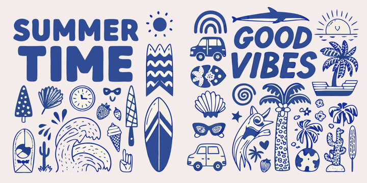 summer time surf and beach illustration set in blue and beige surfboard palm tree car ice cream