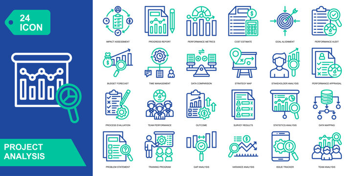 Project Analysis icon collection set. Business Resilience,Disaster Recovery,Contingency,Risk Evaluation. Line Color vector icons
