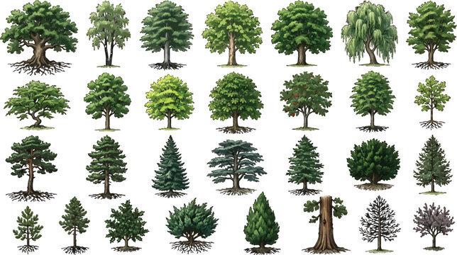 Collection of various deciduous and coniferous tree species with visible root systems isolated on white background