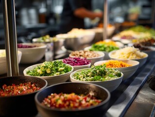 Obraz premium A colorful salad bar buffet featuring fresh vegetables and toppings in bowls. Healthy eating choice for.