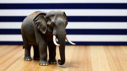 Fototapeta premium Majestic Elephant Figurine: A detailed elephant figurine, showcasing its grand tusks and textured skin, stands proudly on a polished wooden surface against a backdrop of bold blue and white stripes.