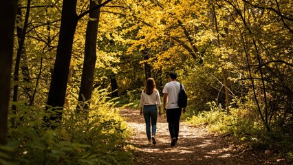 Fototapeta premium Couple Walking in Autumn Forest