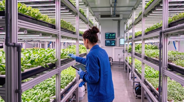 Female scientist inspecting leafy green vegetables in vertical hydroponic farm facility while holding tablet computer