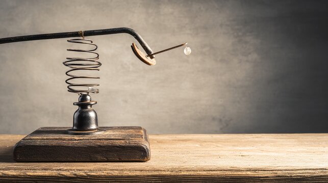 electromagnet. A simple circuit on a wooden table, a nail jumps towards a wire coil. symbolizing technological progress and responsible innovation.