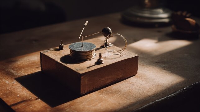 electromagnet. A simple circuit on a wooden table, a nail jumps towards a wire coil. symbolizing technological progress and responsible innovation.