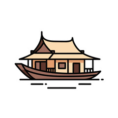 Fototapeta premium Traditional houseboat on water flat line icon for travel and cultural tourism concepts