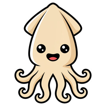 Cute Squid Illustration: A charming and friendly cartoon squid with big eyes and a wide smile, showcasing its tenacles in a playful, whimsical style.