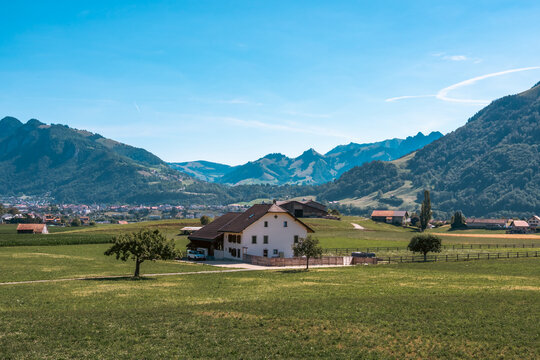 Ferme traditionnelle suisse dans une prairie ensoleill&eacute;e face aux montagnes de la Gruy&egrave;re