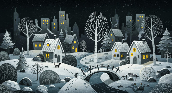 Whimsical Snowy Village Night Scene with Glowing Houses, Bridge, and Distant City.