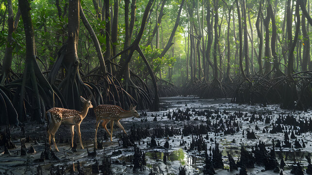 Pair of chital deer exploring the swampy mangrove tree roots at Nijhum Dwip in Bangladesh