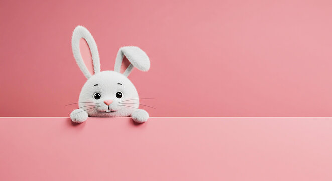 Cute 3D rendered fluffy white Easter bunny character peeking over a pink surface with copy space.