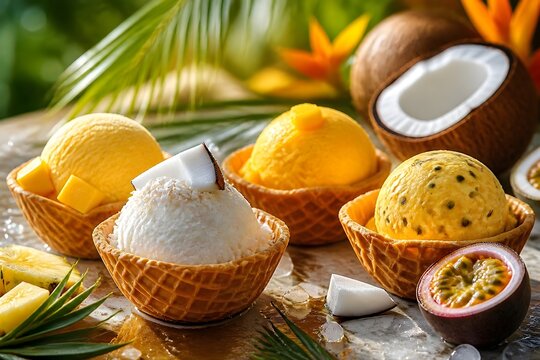 Tropical Ice Cream Cups with Coconut, Mango, and Passion Fruit Flavors Served in Waffle Bowls on Exotic Background