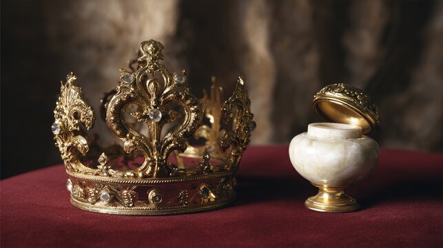 alabaster. Antique golden crown next to an open alabaster jar on rich velvet cloth. event programs, museum guides, designed for cultural heritage projects and event programs, preserves heritage.