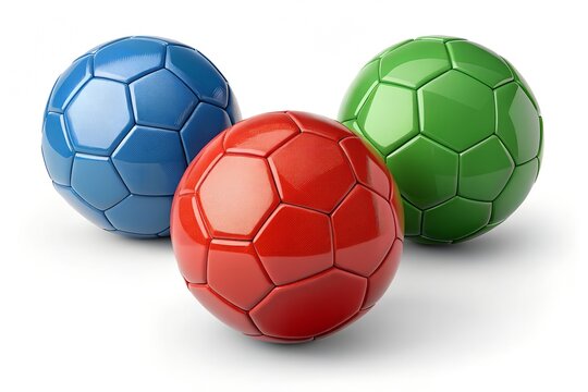 Three vibrant soccer balls in primary colors of blue red and green are displayed in a clean studio composition isolated against a plain white background