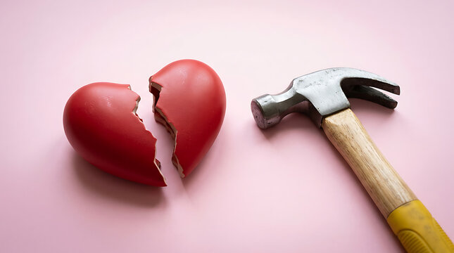 Broken heart, cracked love, heartbreak symbol, red heart, hammer