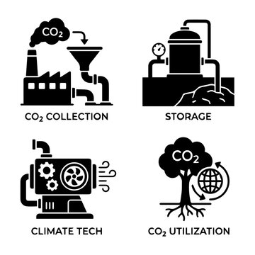 Carbon capture and utilization technology icon set with technology, emissions