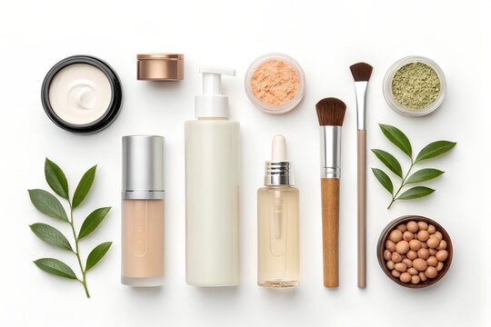 Professional skincare products and makeup brushes arranged neatly on a clean white background featuring organic herbal powder and liquid foundation for a natural beauty aesthetic look