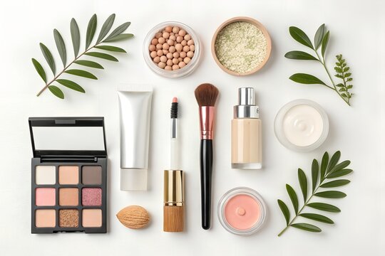 Professional makeup collection featuring a colorful eyeshadow palette foundation bottle blush cream brush and various skincare products arranged neatly on a clean white studio background